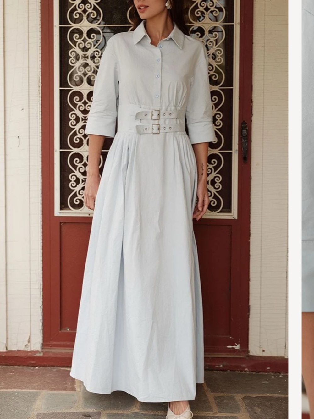 Light Blue Belted Shirt Maxi Dress with Triple Buckle Waist - Women
